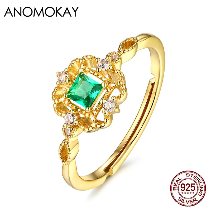 Anomokay Openwork Vintage Flower Square Green Zircon Light Gold Color Rings for Women Luxury Adjustable 925 Silver Ring Jewelry