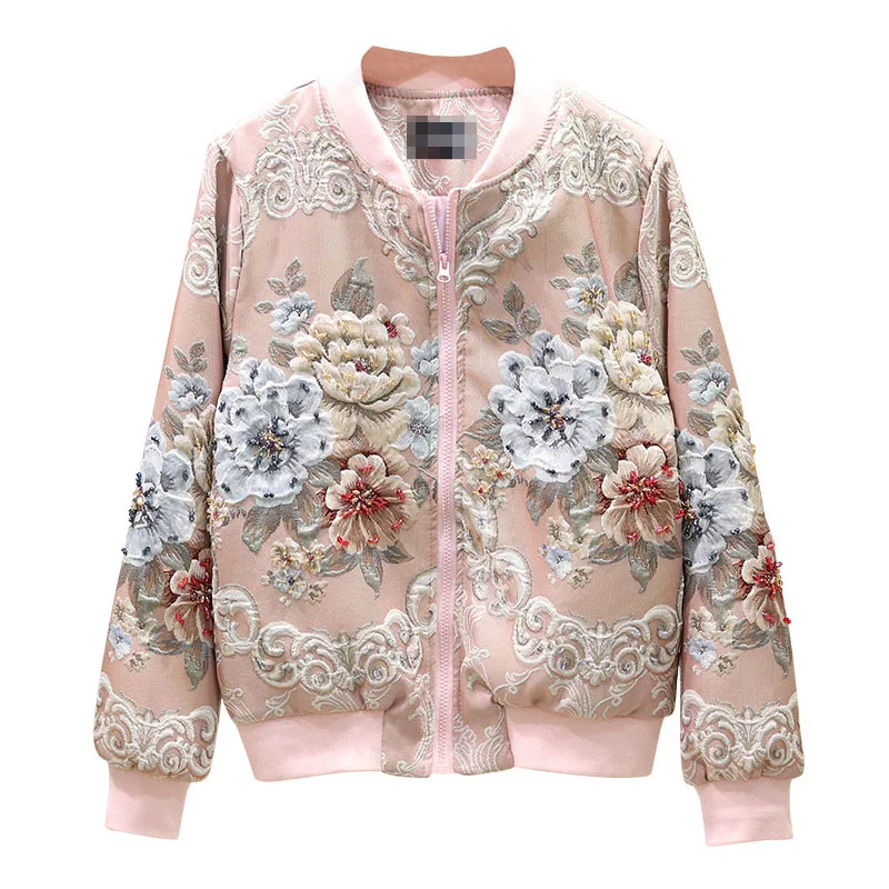 Luxury Palace 3D Jacquard Heavy Flowers Embroidery Baseball Uniform Diamonds Jacket Women Beaded Zipper Cardigan Loose Crop Tops