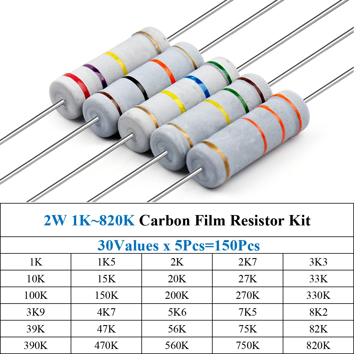 150Pcs 2W 1K~820K Carbon Film Resistor Assorted Kit 30Values x 5Pcs=150Pcs Sample Kit Color Ring Resistance