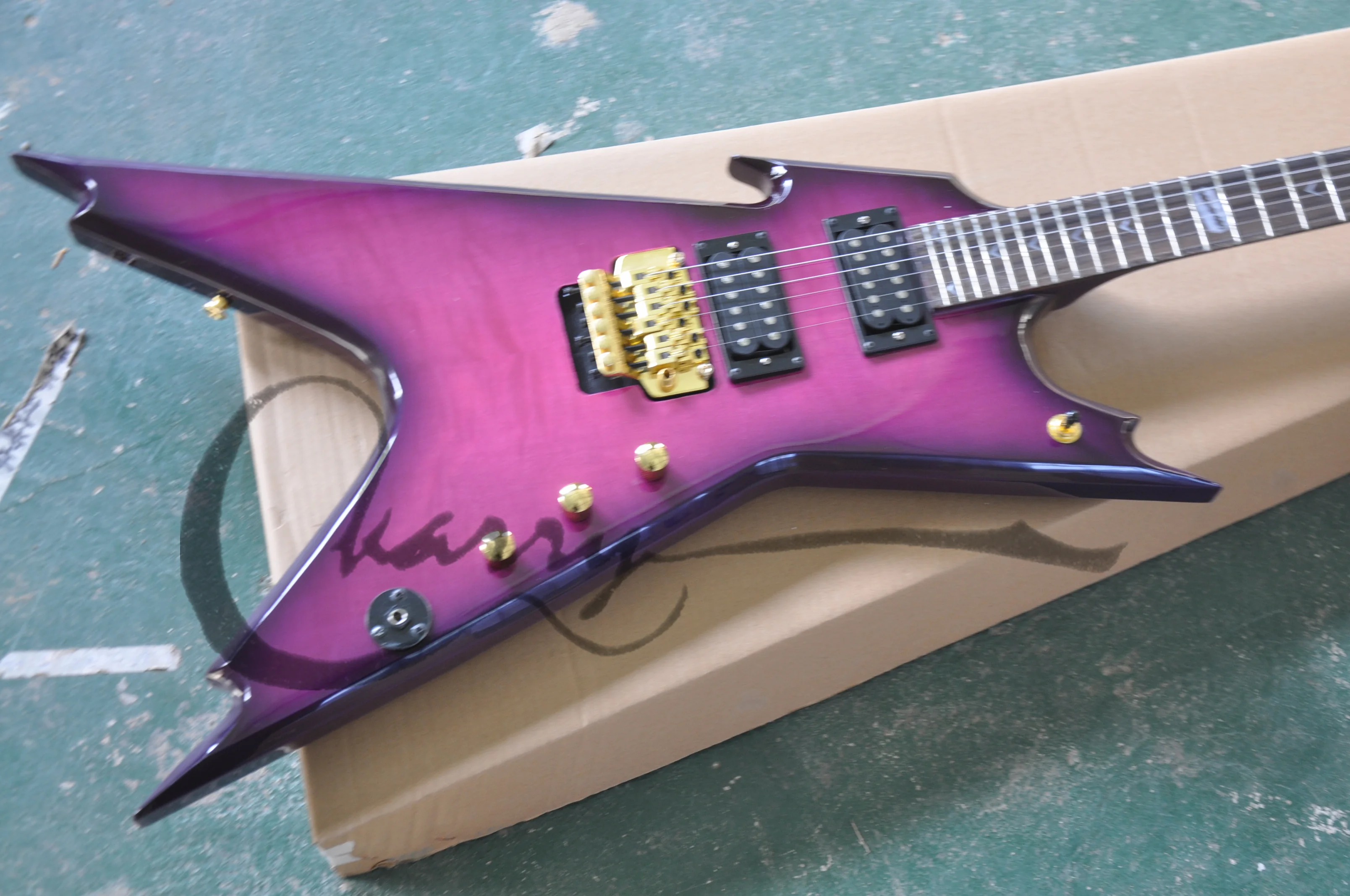 custom dea guitar,purple guitar,tremolo bridge HH pickups,gold buttons,irregular  shape guitar,blade inlay,