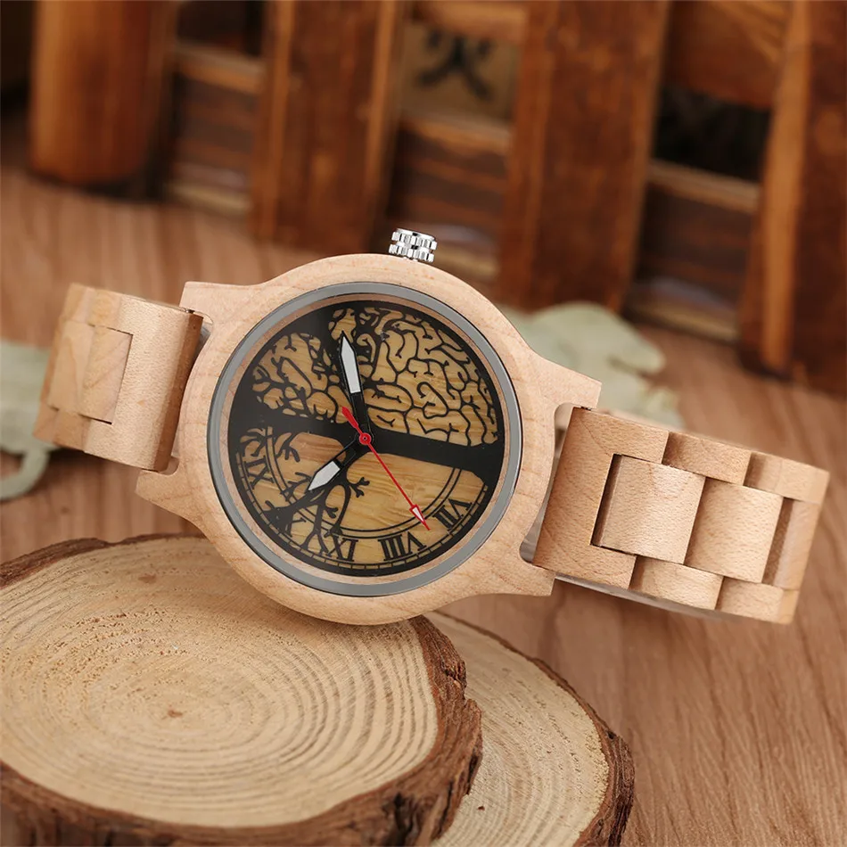 Natural Maple Wood Watch Women Quartz Wooden Bangle Lady Watches Unique Tree Luminous Hands Display Female Bracelet Timepiece