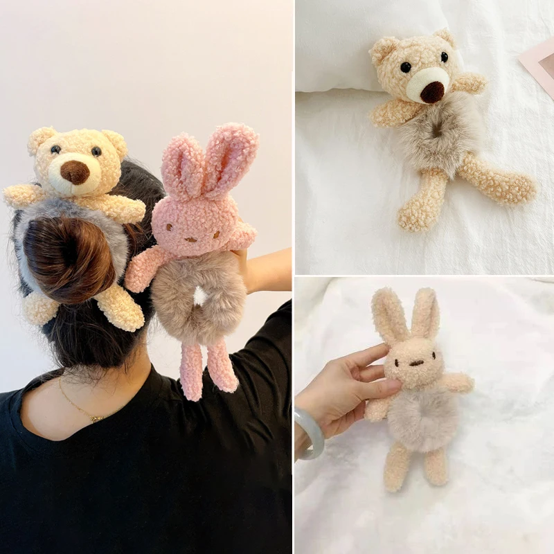 Cute Plush Scrunchie Cartoon Bear Rabbit Elastic Hair Bands Girls Women Ponytail Holder Hair Rope Tie Winter Hair Accessories