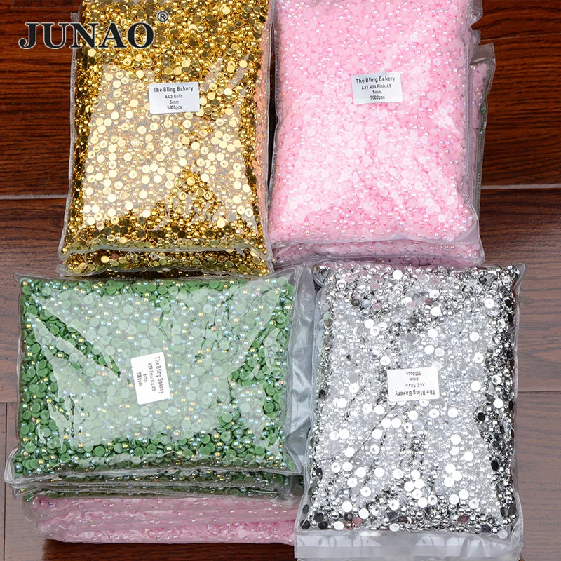 JUNAO 2 4 6 8 10 12 14mm Wholesale Pink AB Half Round Flat Back Pearls Beads Non Hotfix Scrapbook Beads For Nail Art Jewelry