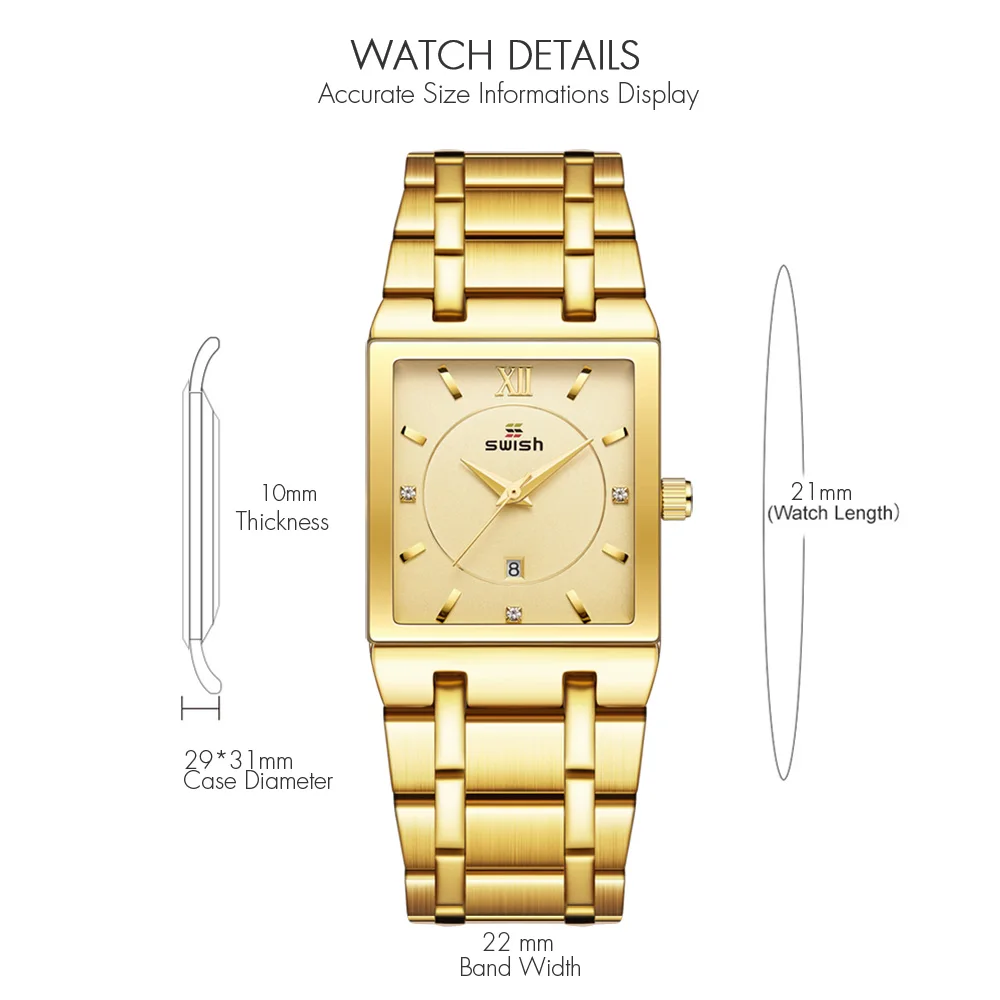 SWISH Luxury Golden Watches Women Creative Square Quartz Clock Women\'s Bracelet Watches Female Waterproof Clock Relogio Feminino