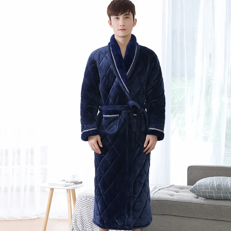 Winter Long Robe For Male Three Layers Quilted Bathrobe Thick Flannel Sleepwear Big Yards XXXL Kimono Bathrobes Mens Warm Lounge