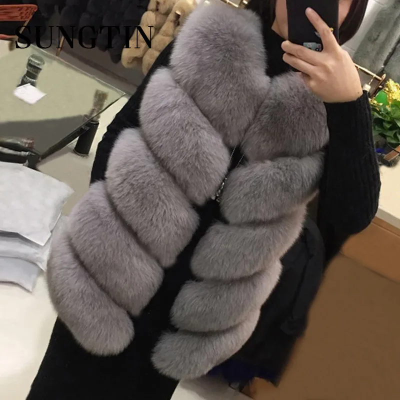 Sungtin Casual Thicken Fuax Fox Fur Vest Women Autumn Winter Warm Fake Fox Fur Waistcoats Female Fashion Sleeveless Jackets Coat