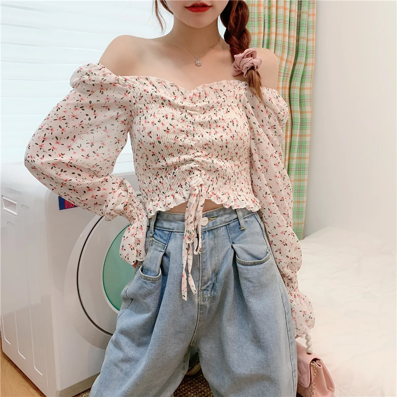 Flare Sleeve Blouse Women Square Collar Folds Floral Tender Skinny All-match Fashion New Elegant Cozy Holiday Mujer Crop Top Ins