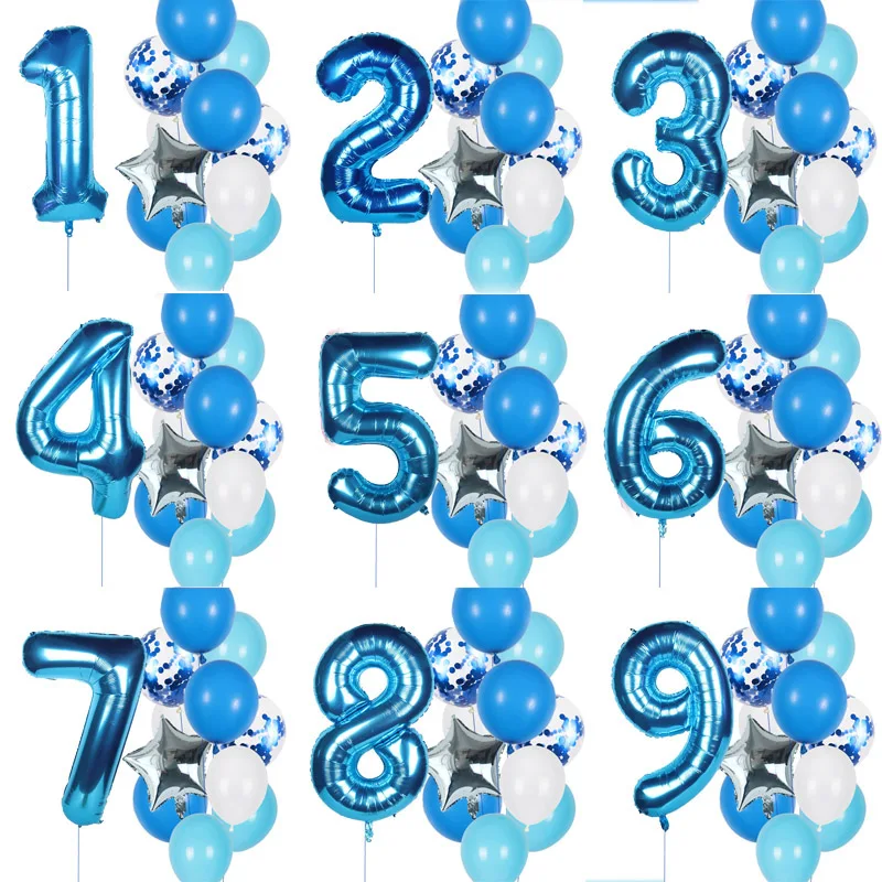 12pcs Boy Birthday Balloons Blue Latex Confetti Ballon 40inch Number Balloon Decoration Kids 1 2 3 4 5 6 7 8 9 Birthday Party