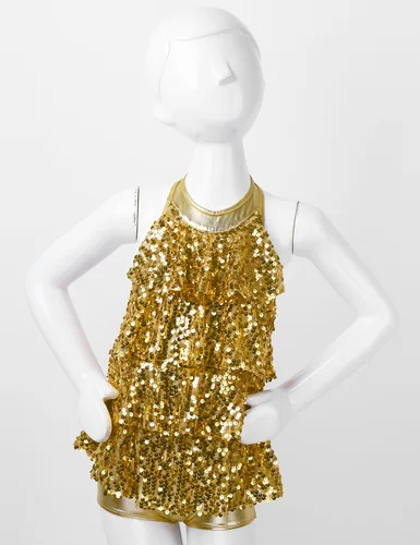 Imagen 2 del producto Traje de baile de Ballet latino Jazz con lentejuelas para niñas, tutú con cuello Halter, vestido de leotardo de Ballet, Samba, Rumba, Tango, Salsa, ropa de baile