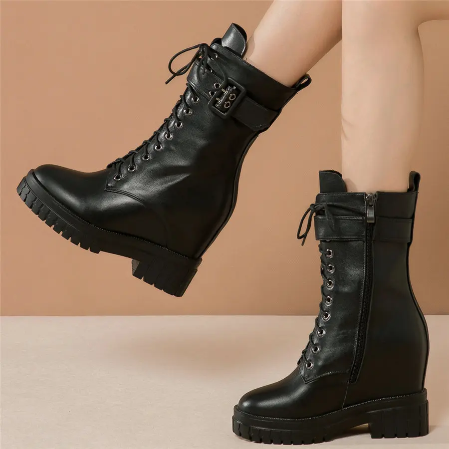 

Snow Boots Women Lace Up Cow Leather Wedges High Heel Platform Pumps Female High Top Round Toe Fashion Sneakers Casual Shoes