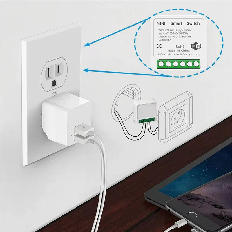 16A Mini Smart Wifi مفتاح الإضاءة وحدة تدعم 2 طريقة التحكم في المنزل الذكي 110 فولت 220 فولت لتقوم بها بنفسك وحدة ، يعمل مع Alexa/Google Home/Tuya