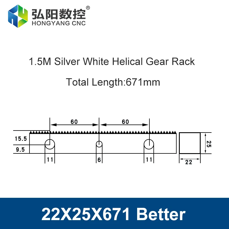 産業機械ギア用ヘリカルトラックラック,正方形,CNC,リニアガイド,45鋼,1.5mod,22x25, 671mm, 20x20, 960mm