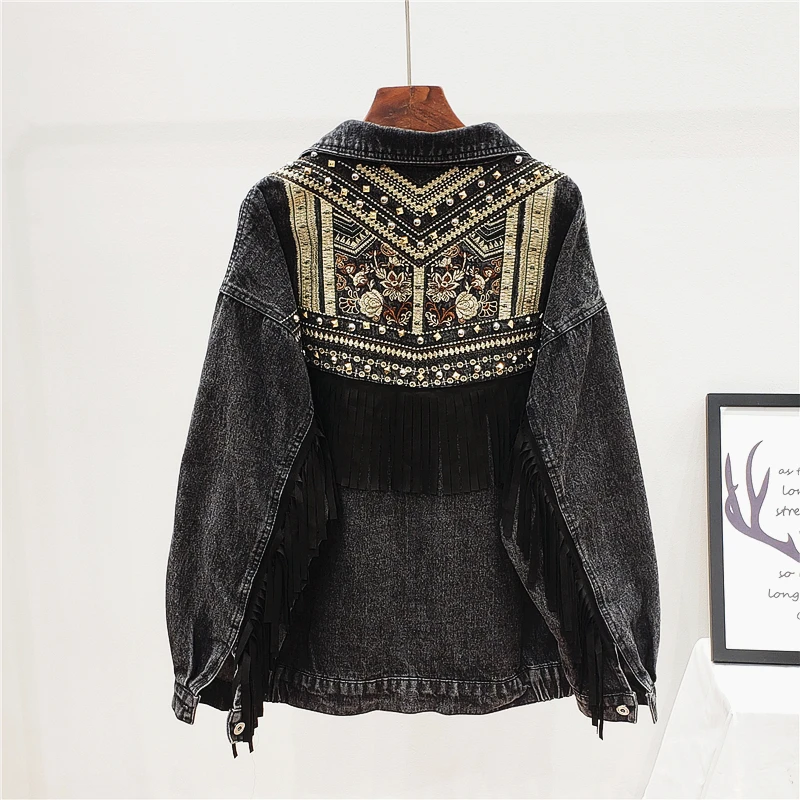 Handwork Rivet Tassel Embroidery Denim Jacket Women Outerwear Streetwear Loose Chaquetas Mujer Black Jeans Jacket Coats Female