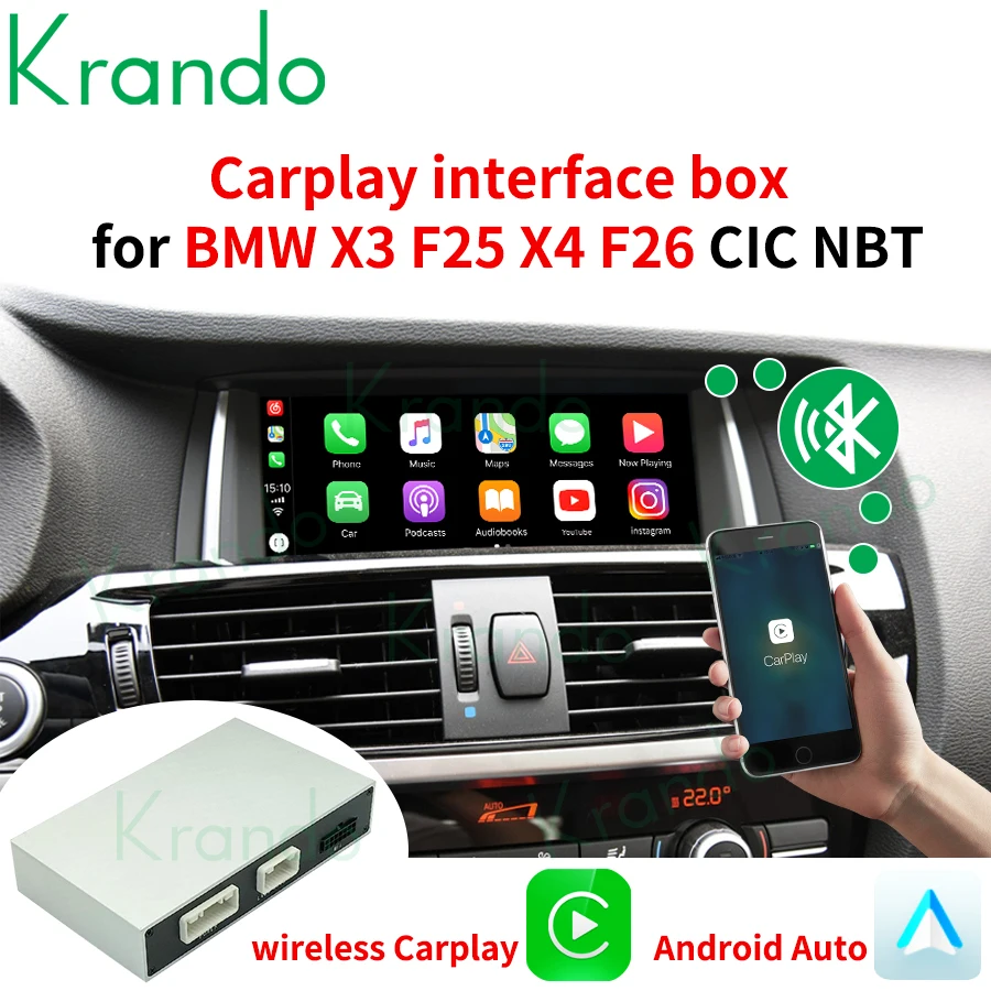 Krando Wireless Apple CarPlay Android Auto Interface Box For BMW X3 F25 X4 F26 G01 G02 NBT CIC EVO 2011-2020 Retrofit Module BT