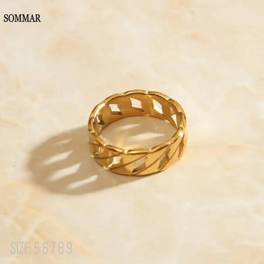 SOMMAR Hot New Gold color /stainless_steel color size 5 6 7 8 9 Female Friend women's rings circular and wave ring men Wholesale