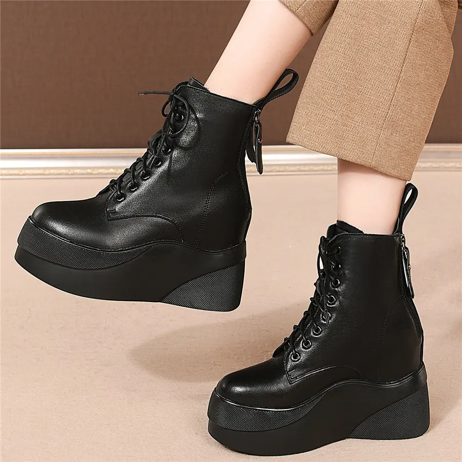 Trainers Women Lace Up Genuine Leather High Heel Motorcycle Boots Female Round Toe Fashion Sneakers Platform Wedges Pumps Shoes