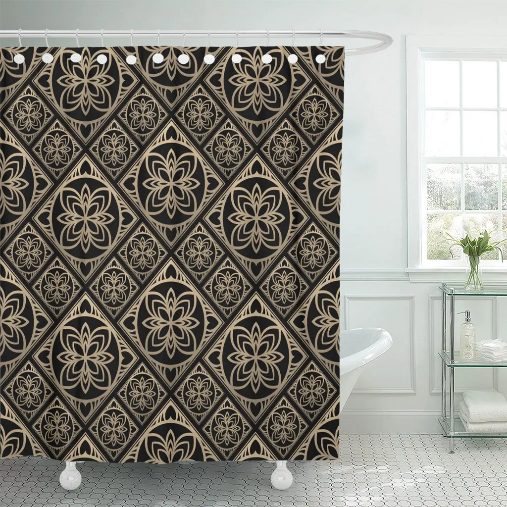 

Pattern Oriental Black and Golden Floral Tiles Gold Arabic Shower Curtain Waterproof Polyester Fabric 72 x 78 Inches Set