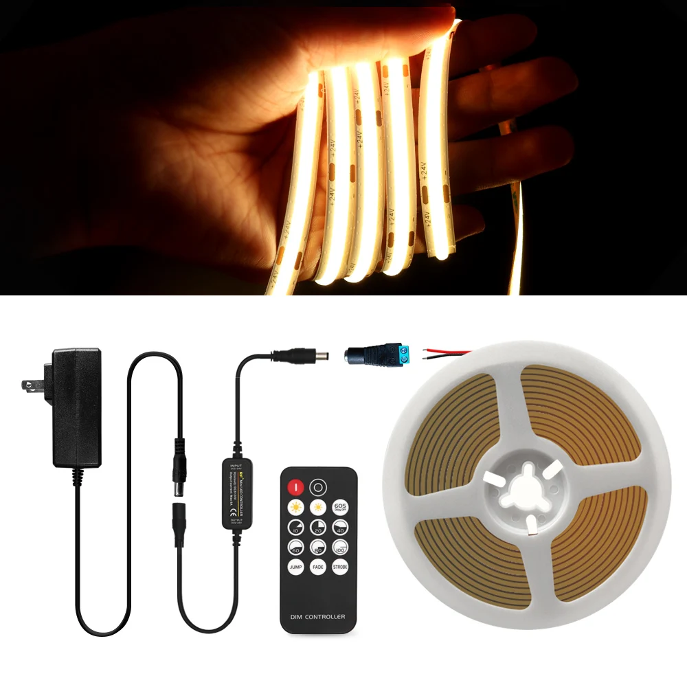 Conjunto completo cob led luzes de tira kit luz linear branca flexível led ribbontape ra90 480leds/m decoração da sala 3000k 4000k pode ser