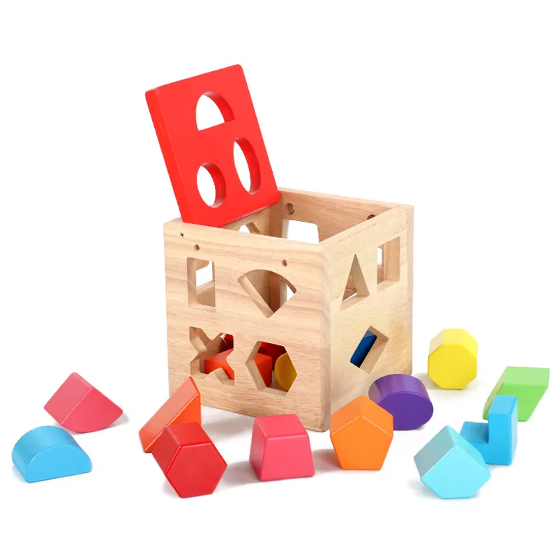 

Wooden Montessori Educational Cube Bricks Geometric Shape Matching Blocks Sorting Box Baby Intelligence Toy Building Blocks Gift