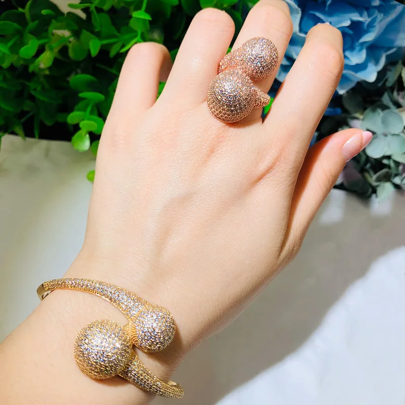 

CWWZircons Luxury Disco Ball African Bangle Ring Fashion Jewelry Sets for Women Wedding Engagement brincos para as mulhe T384