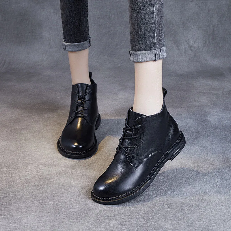 DRKANOL 2024 Classic Black Women Genuine Leather Boots Winter Warm Flat Heel Ankle Boots Ladies Round Toe Casual Leather Shoes