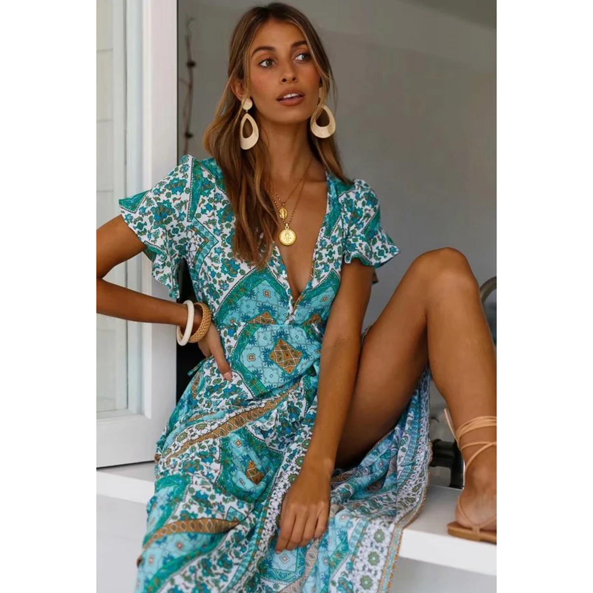 Hippie Fad Sexy Printed Summer Maxi Dress Deep V Neck Short Sleeve Vintage Vestido Beach Boho Casual Clothes Long Women Dresses