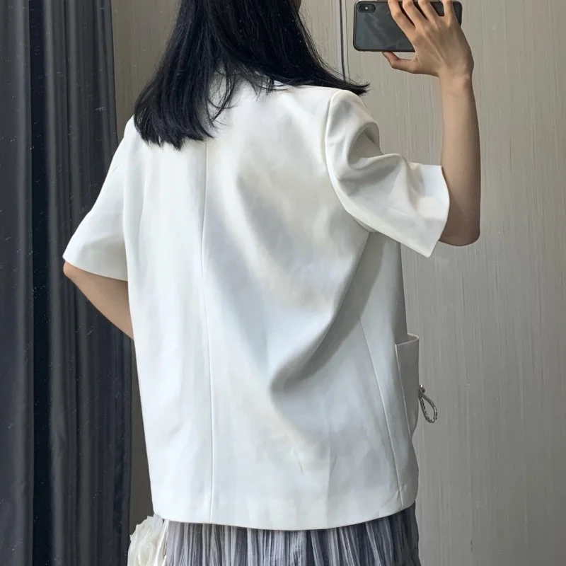 

Designer New Women Short Sleeve Blazer Jacket Fashion Crystal Bowknot Harajuku Suit Top Office Ladies Loose White Blazers Coat