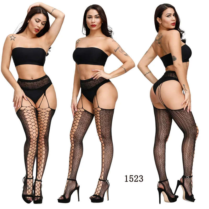 حجم كبير 4XL شبكة صيد السمك تخزين مثير المرأة ضيق مفتوح المنشعب عالية الخصر الملابس الداخلية الرباط جوارب طويلة شبكية Crotchless شبكة ضيق