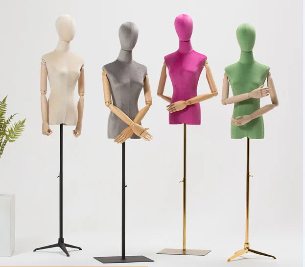 New Style Model Props Women Half Body Color Velvet Wrapped Mannequin Solid Wood Hand