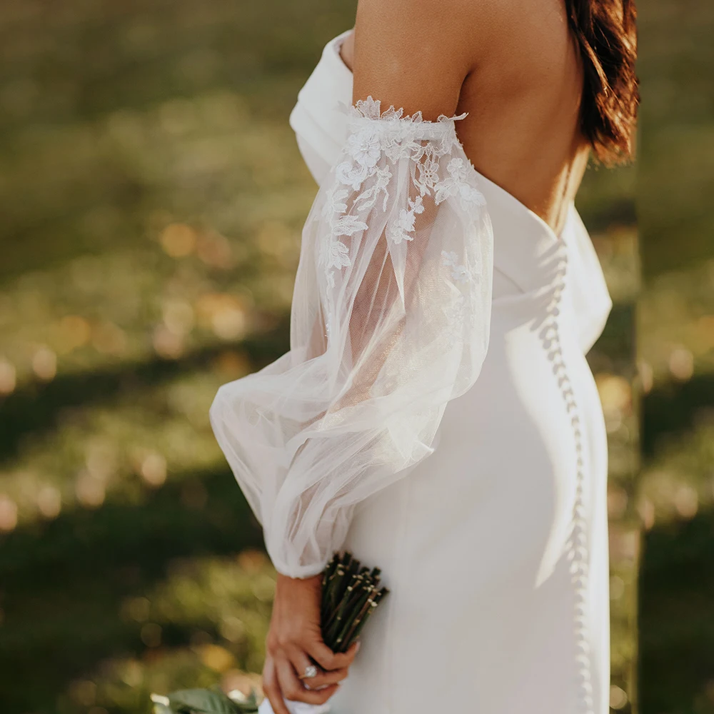 Robe de mariée de Luxe en Satin, manches bouffantes en Tulle, Tube sirène, application sur mesure, bouton froncé, rustique Simple