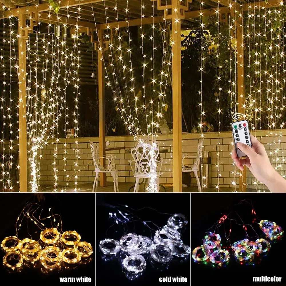 LED Curtain String Lights Fairy Copper Wire Light USB Powered Waterproof Garland 8 Modes Remote Control For Xmas Bedroom Decor
