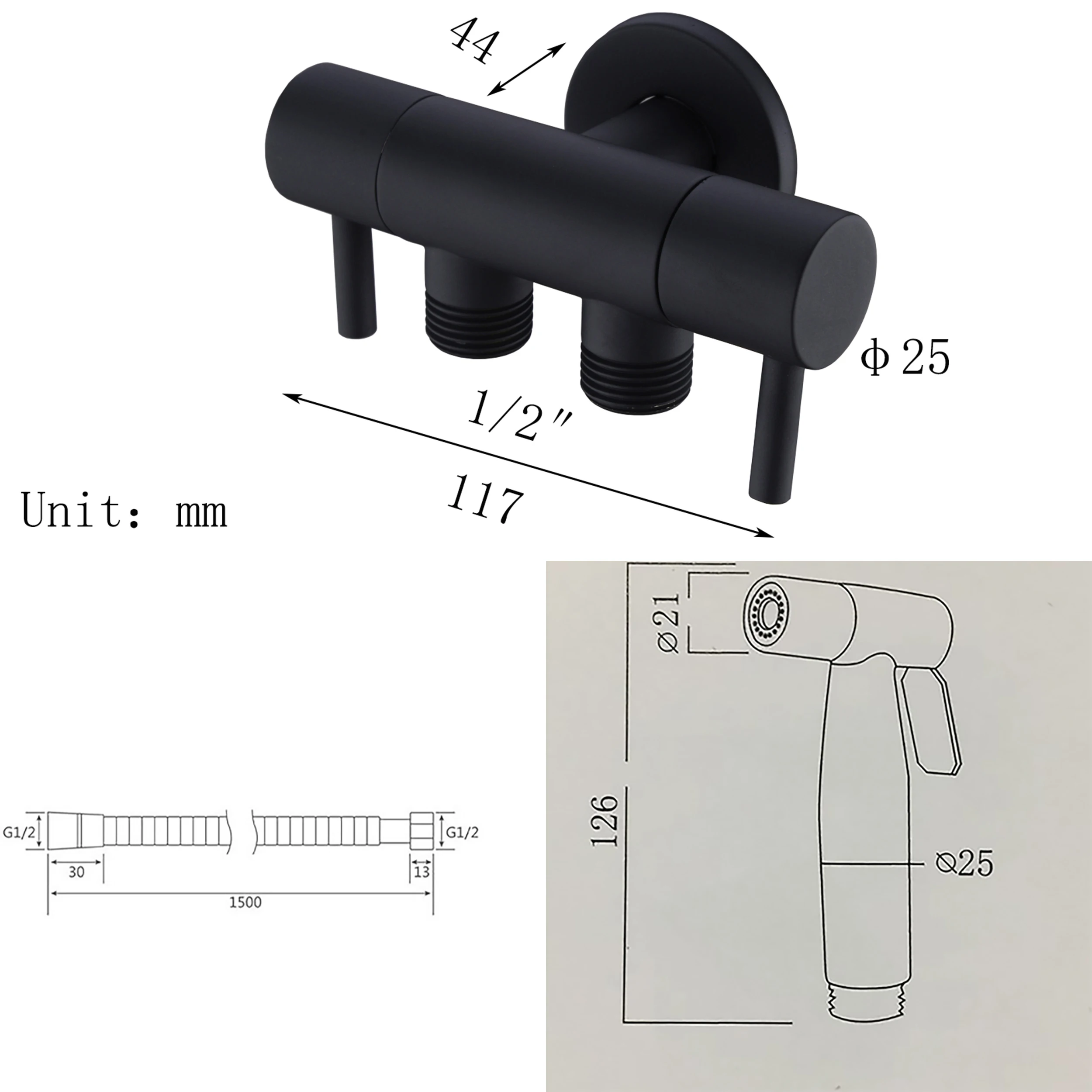 Brass Bathroom Round Matte Black Double Outlet G1/2 Multifunction Water Valve Tap Sprayer Combination With Bidet Kit&Aerator