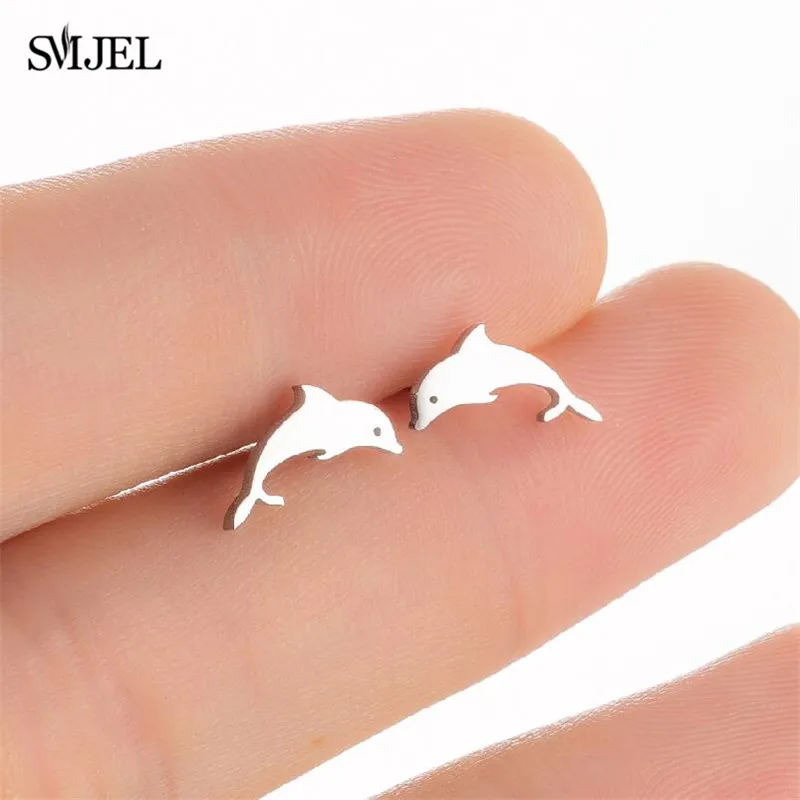 Cute Stainless Steel Fish Earrings For Women Girl\'s Vintage Gold Color Animal Shark Dolphin Fish Tail Earring Jewelry Gift