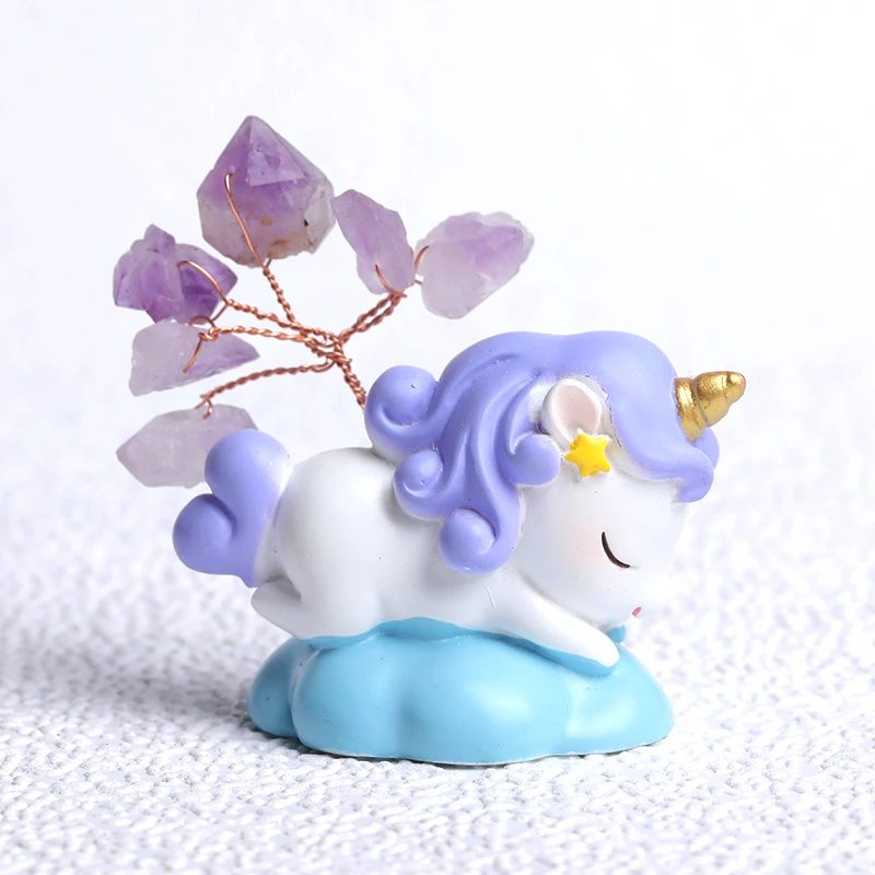 1PC Natural Amethyst Tree Of Life  Unicorn Figurine Hand Made Quartz Luck Tree Healing Stone Home Decor Gem Gift LiDai packaging