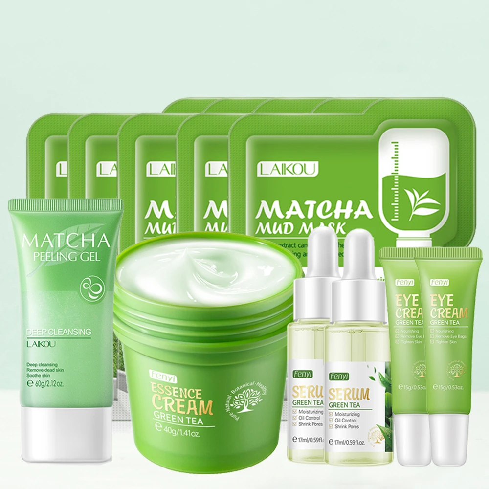 

Green Tea Moisturizing Whitening Face Cream Blackhead Peeling Gel Shrink Pores Acne Sreum Anti-Puffiness Eye Cream Skin Care Set