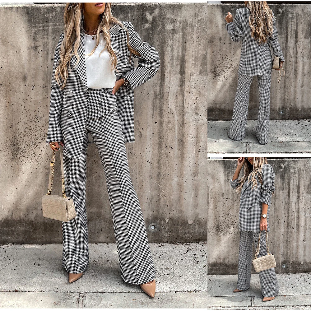 Classic Plaid Women Suits Pocket Custom Made Check Blazer 2 Pieces Set (Jacket+Pants) Fashion Streetwear Daily Coat