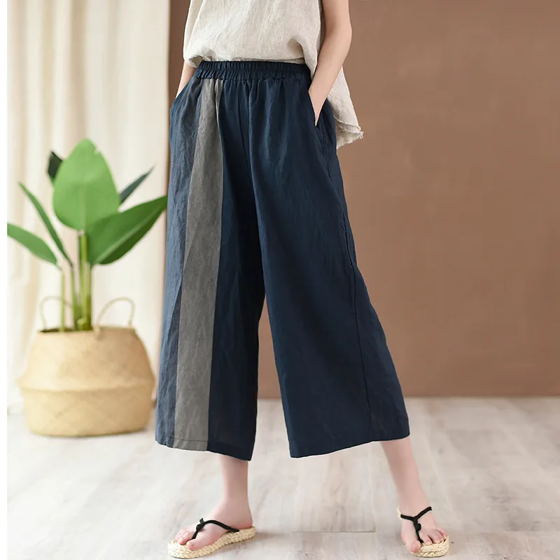 2021 Spring New Cotton Linen Art Retro Loose Casual Printed Women's Linen Cropped Wide Leg Pants Martial Arts Pants