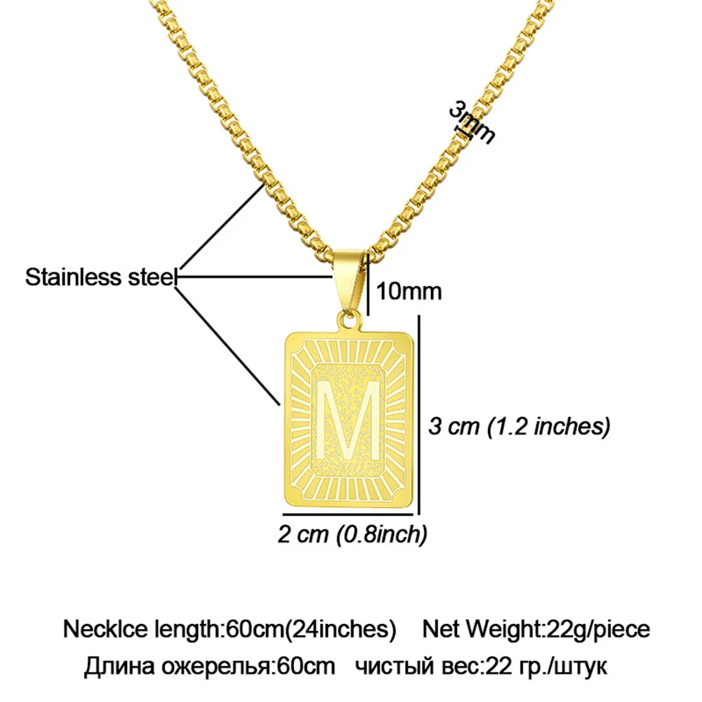 Square Alphabet A-Z Rectangle Medallion Pendant Necklace Stainless Steel Men Chain Necklaces Collares Para Mujer