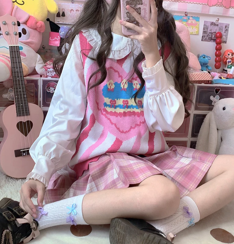 Japanese Preppy Style Sweet Soft Girly O-Neck Cute Sleeveless Heart-shaped Cake Color Contrast Pullover Knitting Vest Sweater