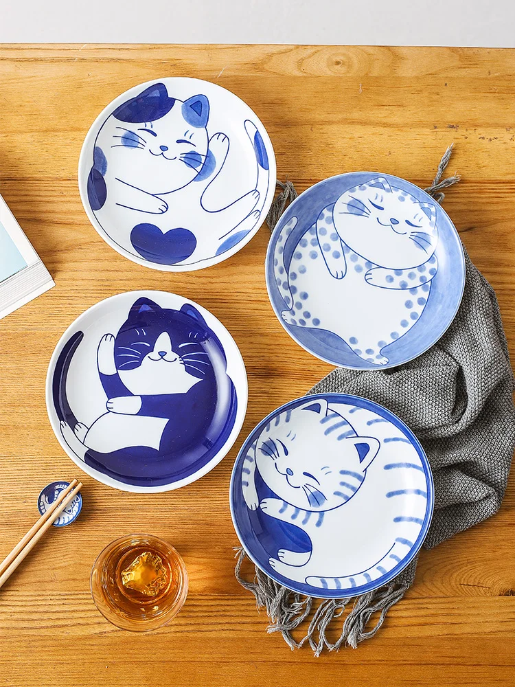 

1 PC Japanese Dish Plate Ceramic Underglaze Cute Cat Patterned Exquisite Household Made in Japan