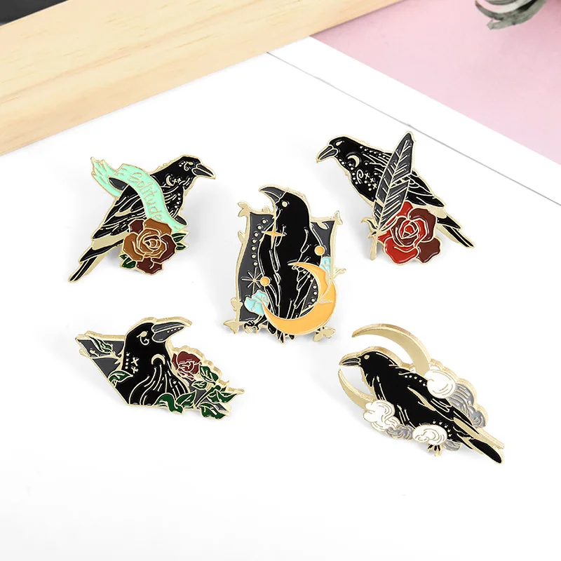 Punk Gothic Crow Raven Enamel Pins Bird Feather Moon Flowers Brooches Bag Lapel Badge  Fashion Jewelry Gift for Friends Kids