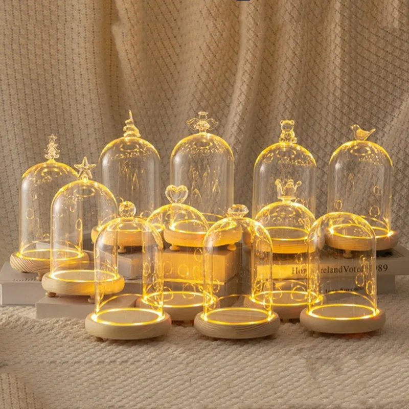 2sets/pack 10*15cm Middle Size Different Top Glass Dome Vase Home Decoration Luminous Base Cover Wedding Prop Friend Favor Gift
