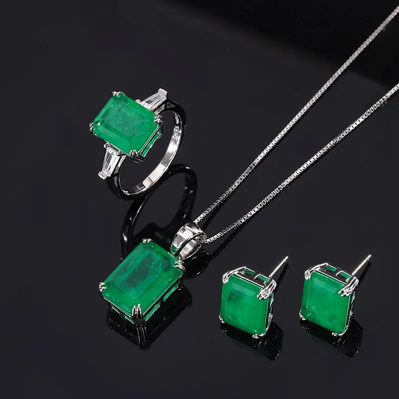 QTT Vintage Silver Color Lab Emerald Tourmaline Stone Earrings Pendant Necklace Ring Set Silver Color Wedding Jewelry Sets