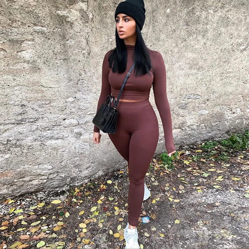 2022 Fall Winter Women Sport Fitness 2 Two Piece Set Outfits Long Sleeve Solid Crop Tops Leggings Pants Set Bodycon Tracksuit