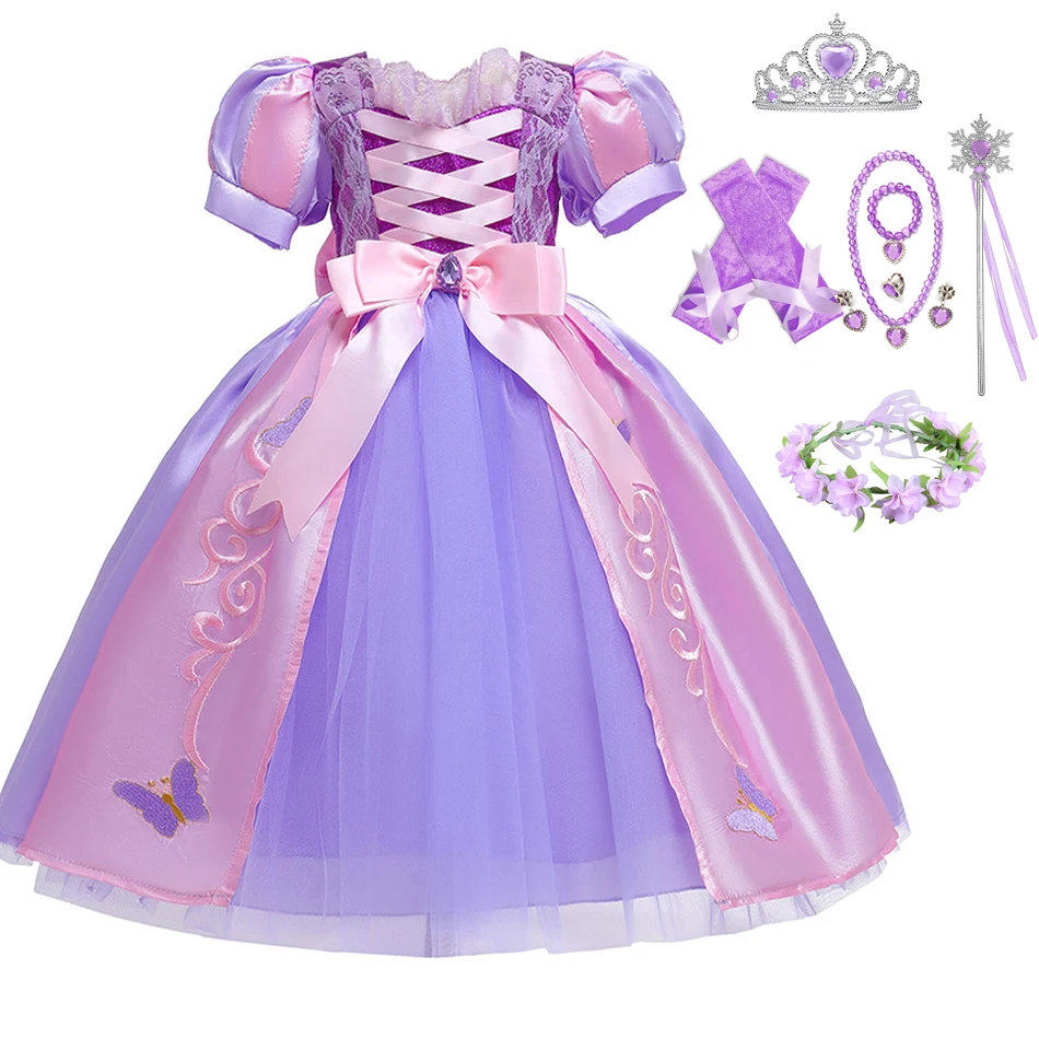 Girls Rapunzel Princess Purple Tutu Dress for Kids Summer Bowknot Party Wedding Clothing Mesh Embroidery Butterfly 12M 10 Yeas