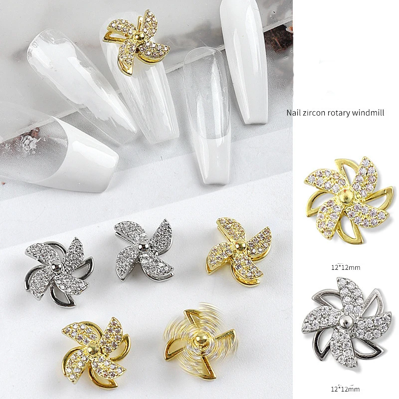 1pc Gold Silver Rotating Pinwheel Nail Art Jewelry 3d Windmill Zircon Nail Diamonds Ornaments Fashion Spin Manicure Decorations