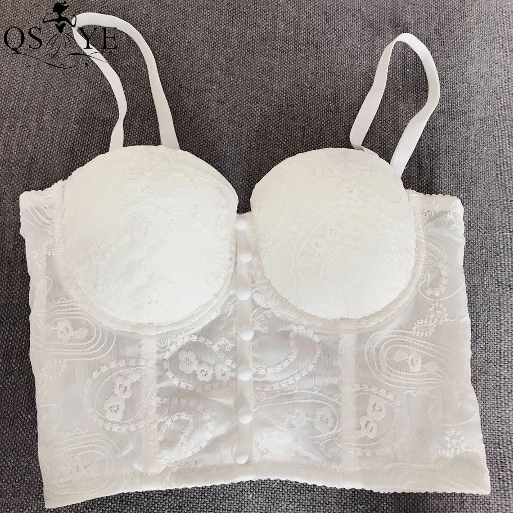 QSYYE-vestido de novia blanco Sexy para mujer, Top corto con costuras de malla, botones, patrón de ombligo para club nocturno, vestido de fiesta de encaje