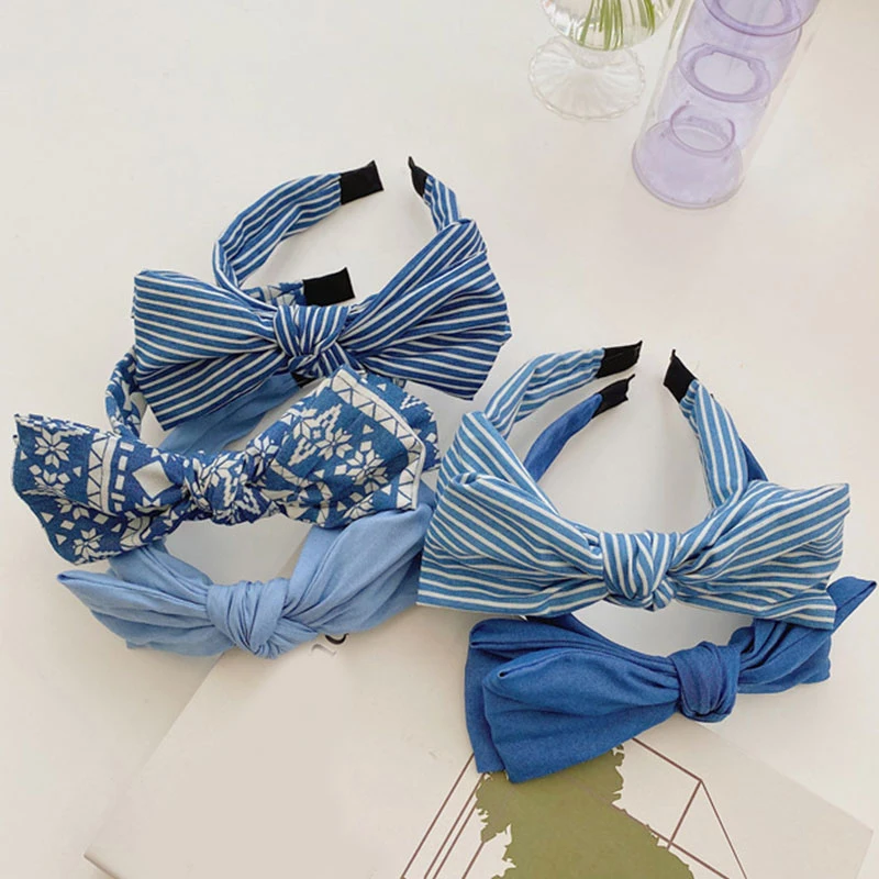 2021 New Women Denim Headband Bow Knot Hairband Twisted Headbands Cross Hairbands Blue Hair Hoop Girls Hair Accessories