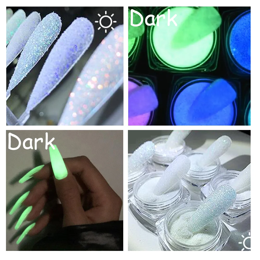 Clubbing Glow in the Dark Glitter Suger Nials Powder 6 Colors Dipping 0.2-0.6MM Manicure DIY Luminous Flashing Nail Glitter 2021