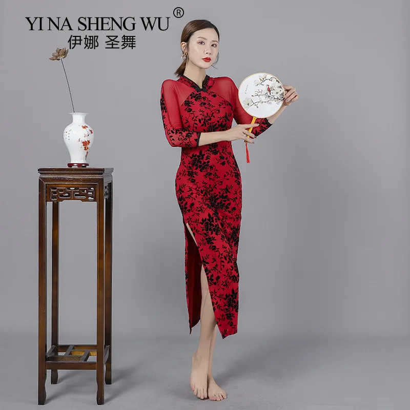 Classical Dance Printing Cheongsam Light Weight Flowy Women Chinese Dance Gauze Slim Dress Elegant Dancer Performance Show Wear